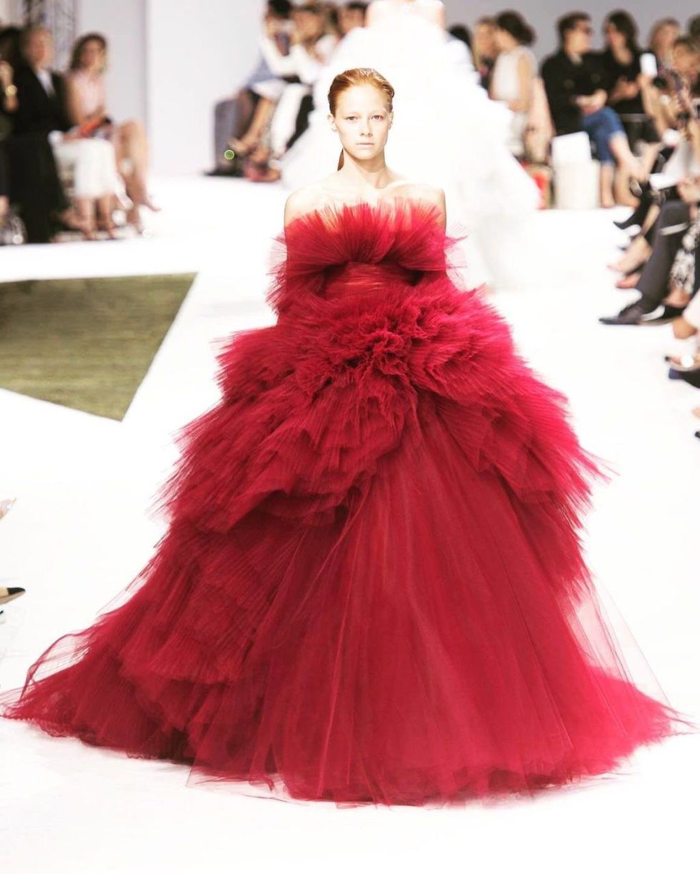 Clothing, Hairstyle, Shoulder, Textile, Dress, Red, Fashion show, Pink, Gown, Fashion model, 