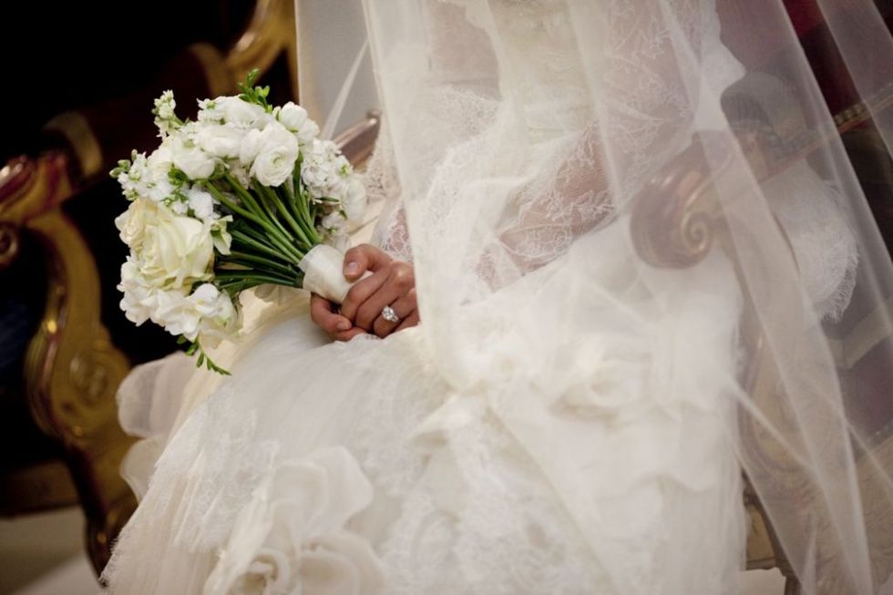 Bridal clothing, Petal, Bouquet, Dress, Wedding dress, Bride, Gown, Bridal accessory, Cut flowers, Veil, 