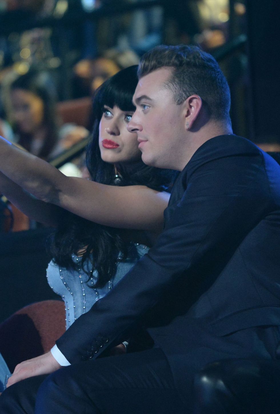 INGLEWOOD, CA - AUGUST 24: Recording artists Katy Perry (L) and Sam Smith take a selfie at the 2014 MTV Video Music Awards at The Forum on August 24, 2014 in Inglewood, California.  (Photo by Jeff Kravitz/MTV1415/FilmMagic)