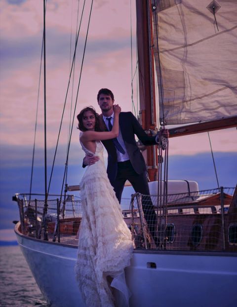 Clothing, Dress, Watercraft, Happy, Boat, Wedding dress, Bride, Bridal clothing, Ship, Sailboat, 