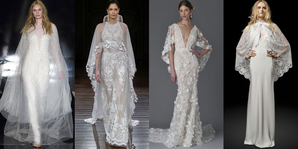 <p>With the demand for covering-up over going bare comes innovative riffs on the bridal bolero or the all-too-matronly cover-up. Capes have been on the rise for some time in both bridal and prêt-à-porter, gaining momentum and earning mainstay status at this season's shows. Be it sheer, beaded, lace or embroidered, a cape takes care of the need for added drama and can eliminate the need for a veil when styling.</p><p><em>From Left: <a href="http://reemacra.com" target="_blank">Reem Acra</a>, Naeem Khan, Marchesa, Elizabeth Fillmore</em></p>