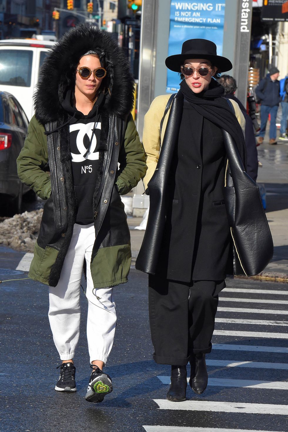 NEW YORK - MARCH 02, 2015: Cara Delevingne and rumoured girlfriend musician St. Vincent seen out in Soho on March 02, 2015 in New York, New York.  (Photo by Josiah Kamau/BuzzFoto via Getty Images)