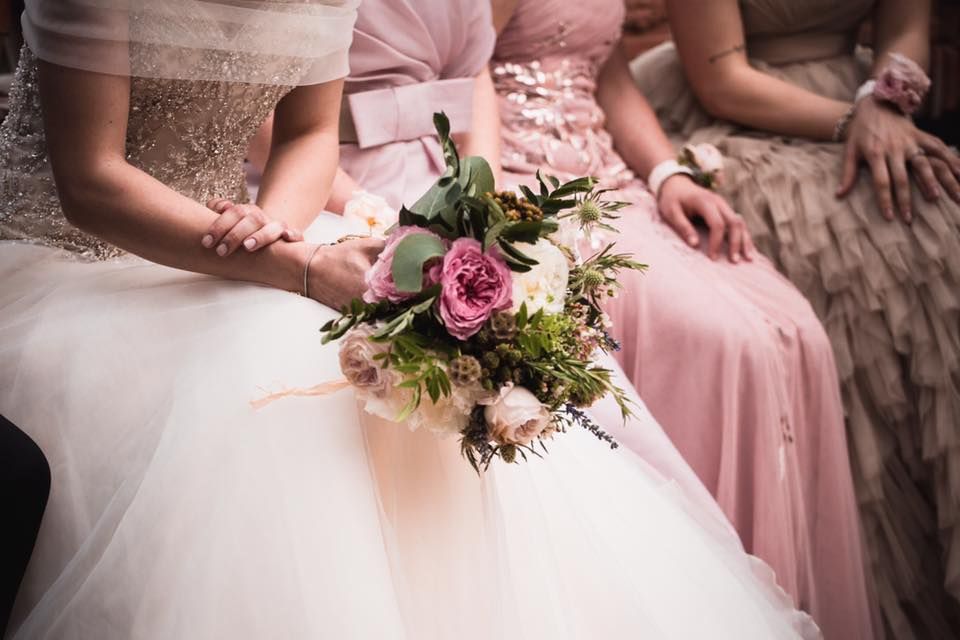 Bride, Photograph, Pink, Dress, Bouquet, Wedding dress, Gown, Bridal clothing, Flower, Ceremony, 