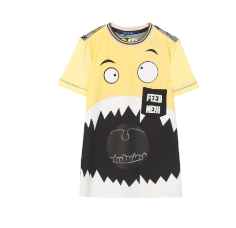 T-shirt, Clothing, Product, Yellow, Sleeve, Cartoon, Top, Font, Smile, Brand, 