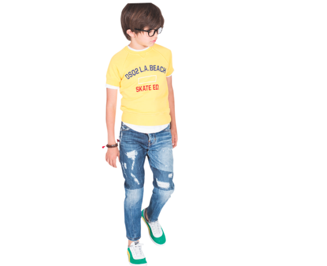 Clothing, T-shirt, Yellow, Jeans, Sleeve, Standing, Outerwear, Neck, Denim, Child, 