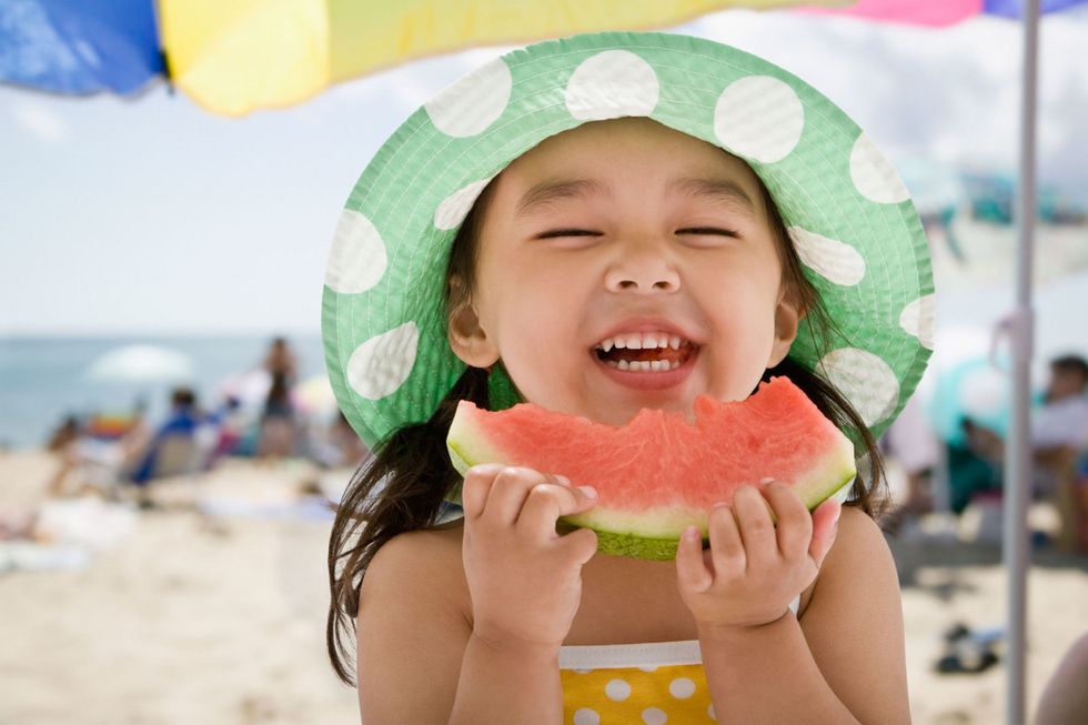 Child, Facial expression, Melon, Watermelon, Summer, Vacation, Smile, Citrullus, Eating, Mouth, 