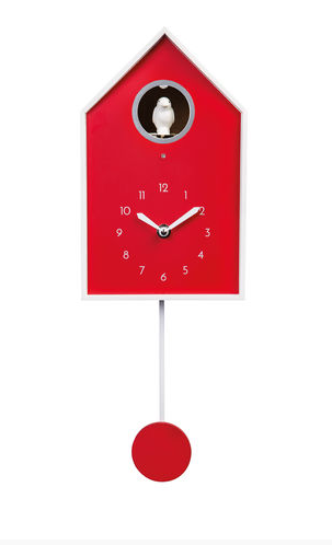 Clock, Cuckoo clock, Wall clock, Red, Furniture, Home accessories, Interior design, Sign, Pendulum, Signage, 