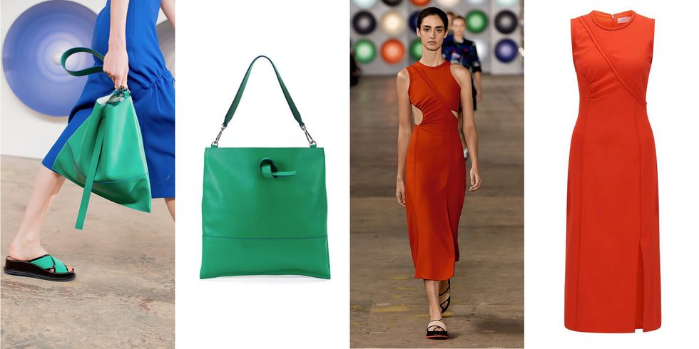 Green, Orange, Clothing, Fashion, Dress, Bag, Turquoise, Handbag, Fashion model, Fashion accessory, 