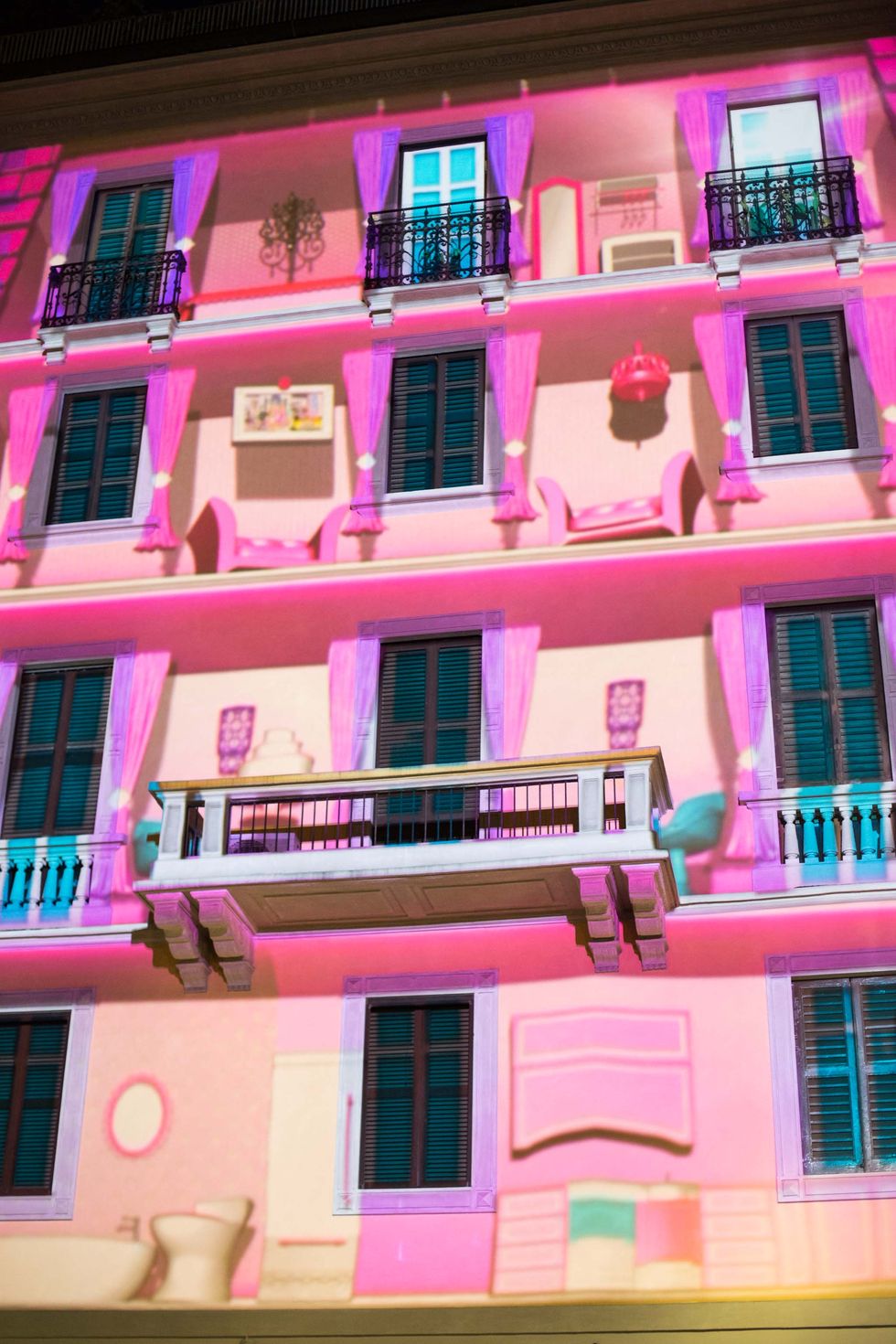 Facade, Magenta, Pink, Building, Purple, Colorfulness, Apartment, Violet, Material property, Balcony, 