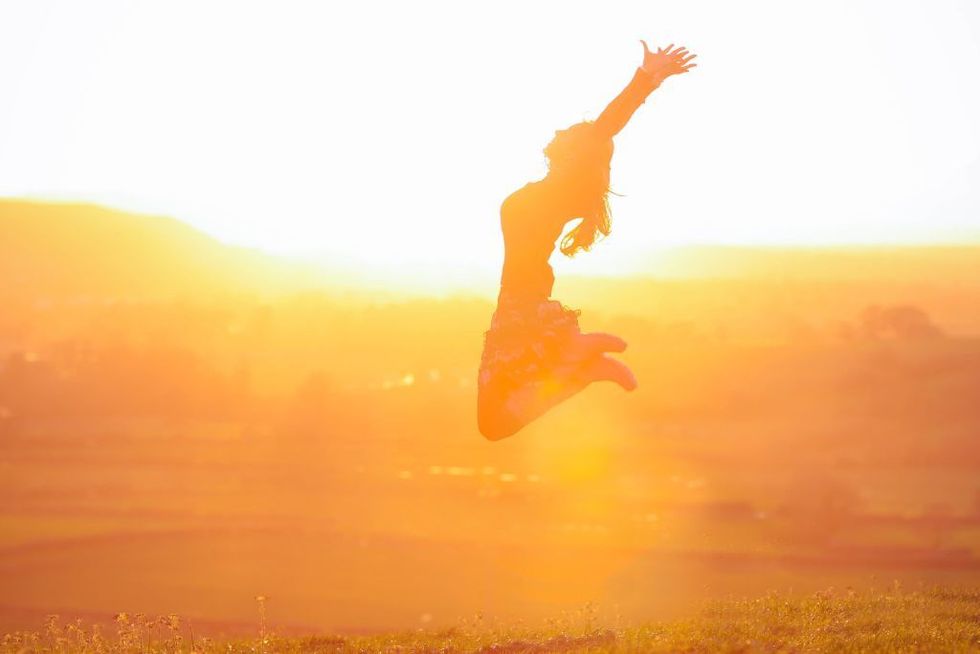 People in nature, Sky, Morning, Jumping, Sunlight, Sunrise, Happy, Photography, Stock photography, Backlighting, 