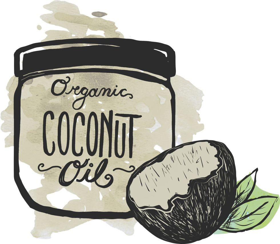 Vector illustration of a Coconut oil label and jar on textured background