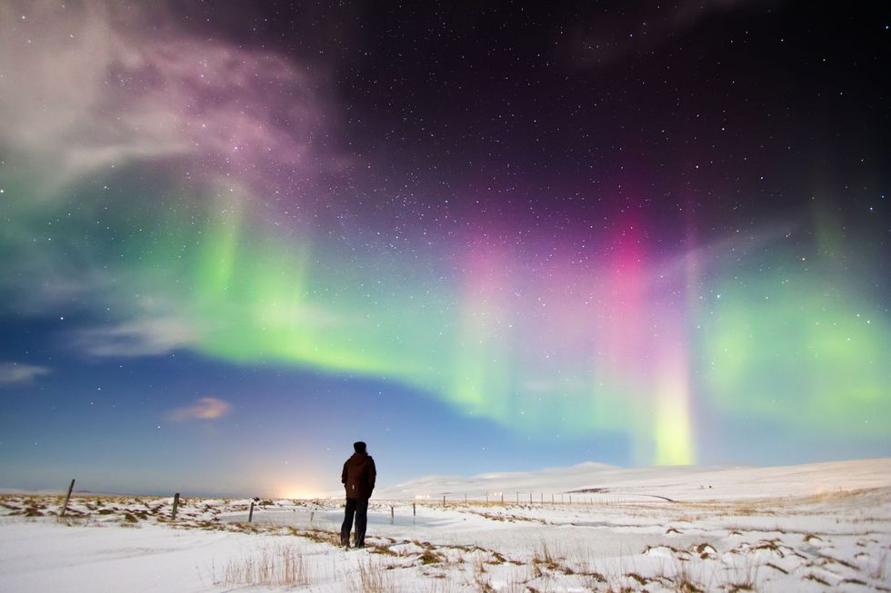 Aurora, Green, Night, Purple, Winter, Atmospheric phenomenon, Space, Snow, Violet, Freezing, 