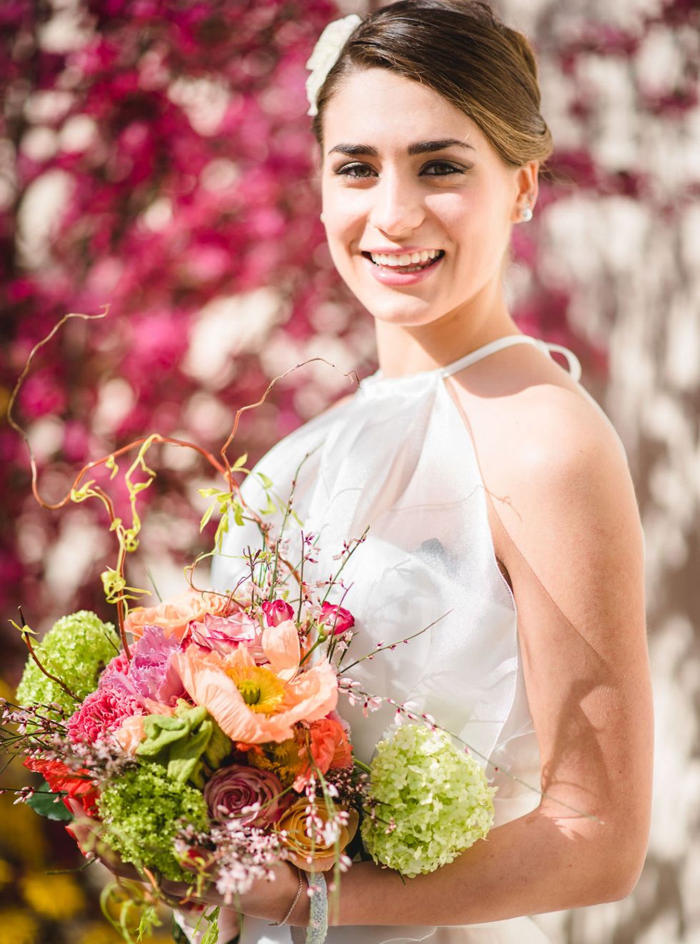 Petal, Eye, Bouquet, Dress, Flower, Photograph, Bridal clothing, Happy, Cut flowers, Facial expression, 