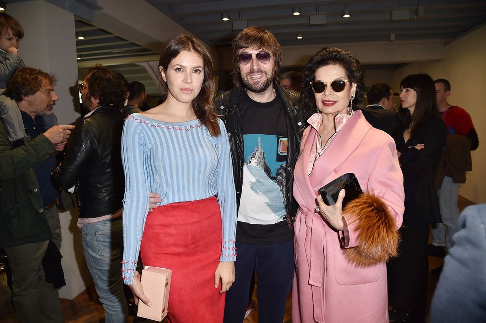 MILAN, ITALY - MAY 07:  Dasha Zhukova, Francesco Vezzoli (in Prada) and Bianca Jagger (in Prada) while attending the Prada Resort 2018 Womenswear Show in Osservatorio on May 7, 2017 in Milan, Italy.  (Photo by Jacopo Raule/Getty Images for Prada)