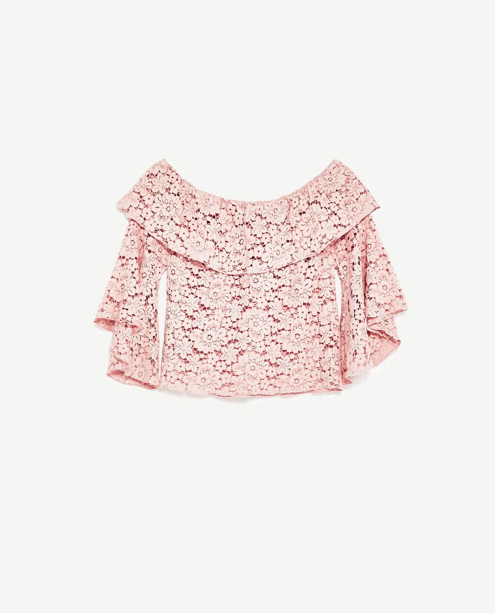 Clothing, Pink, Crop top, Blouse, Sleeve, Lace, Shoulder, Outerwear, Top, Neck, 