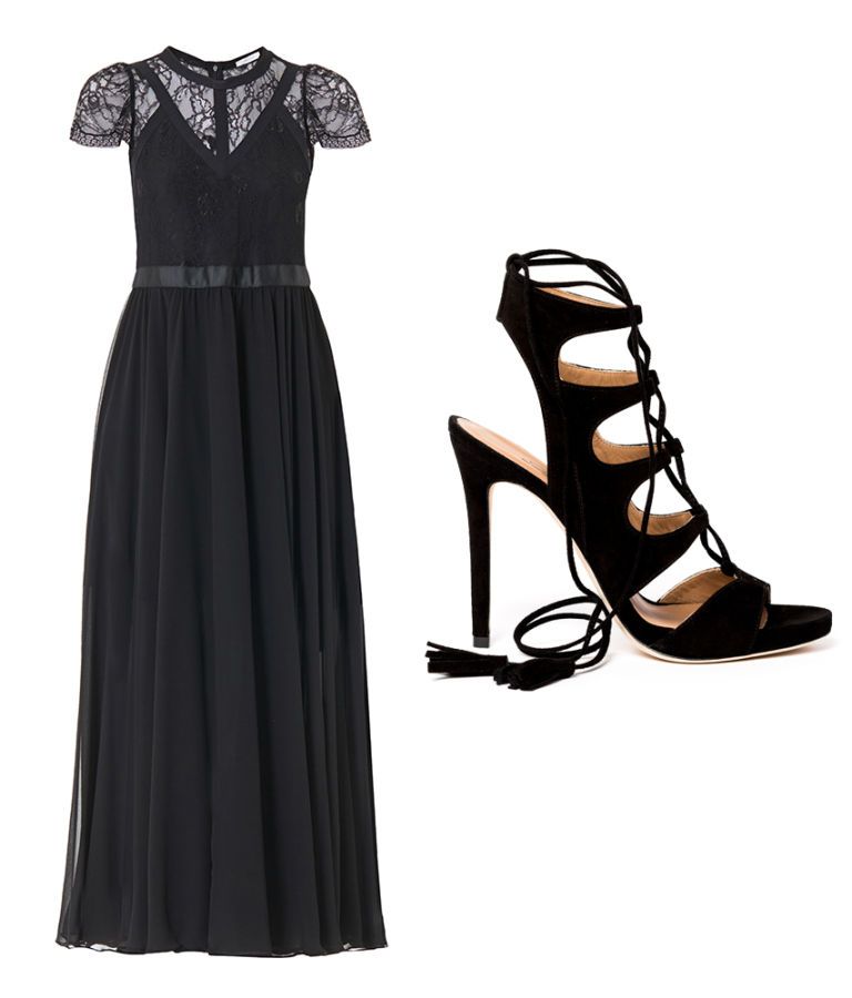 vestito per matrimonio lungo nero con sandali lace up 