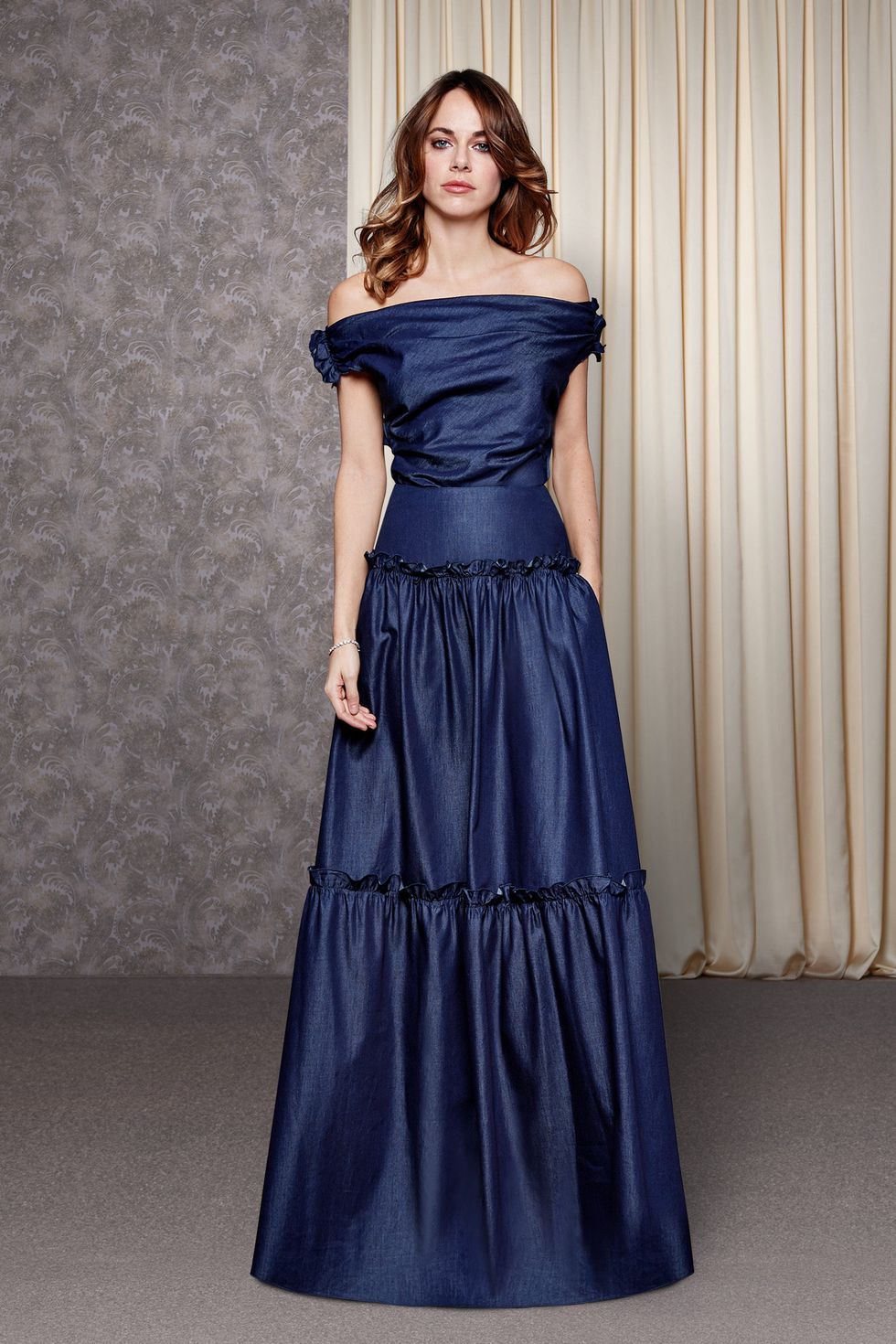 Clothing, Dress, Fashion model, Gown, Bridal party dress, Blue, Cobalt blue, Shoulder, Formal wear, Strapless dress, 