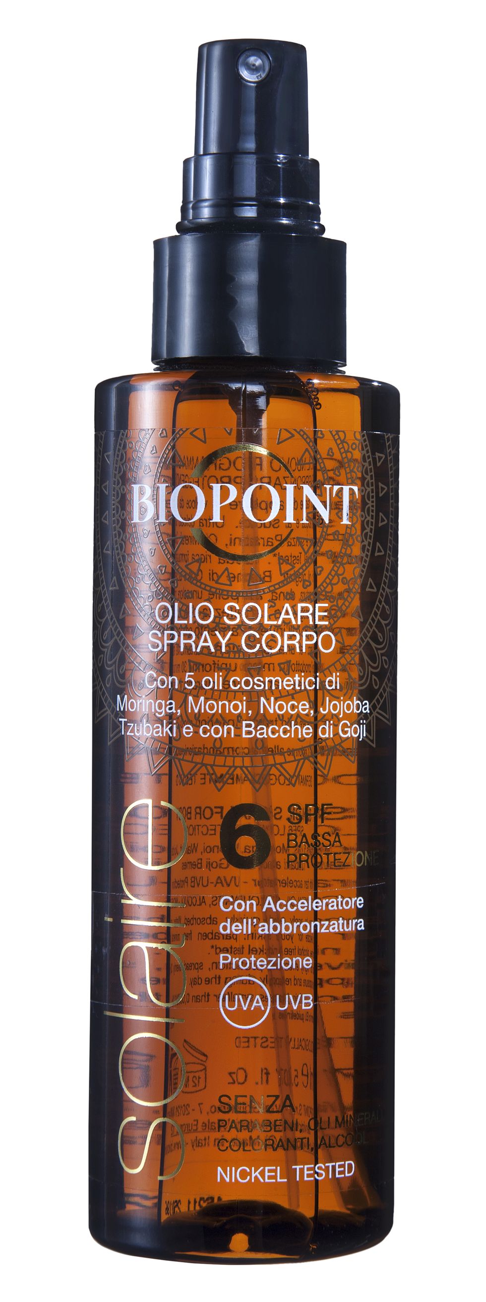 Nutre ed esalta ilcolorito: Olio SolareSpray Corpo Spf 6di Biopoint Solaire (16,80euro).