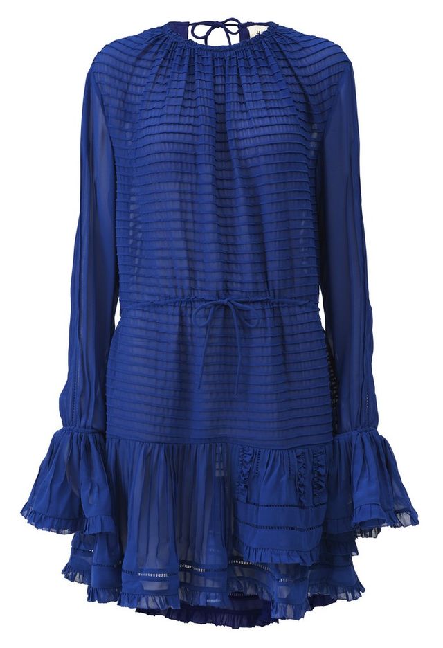Clothing, Cobalt blue, Blue, Electric blue, Sleeve, Dress, Ruffle, Day dress, Blouse, Outerwear, 