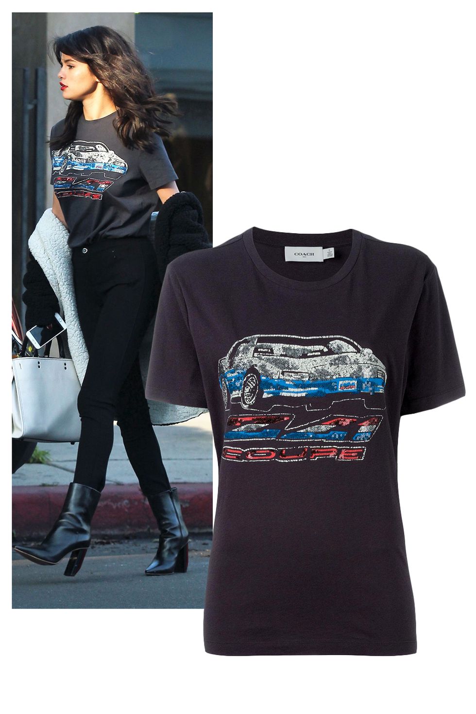 <p>Selena Gomez Sequinned Car Print T-Shirt, $212;&nbsp;<a href="https://www.farfetch.com/shopping/women/coach-sequinned-car-print-t-shirt-item-11824238.aspx" target="_blank" data-tracking-id="recirc-text-link">farfetch.com</a></p>