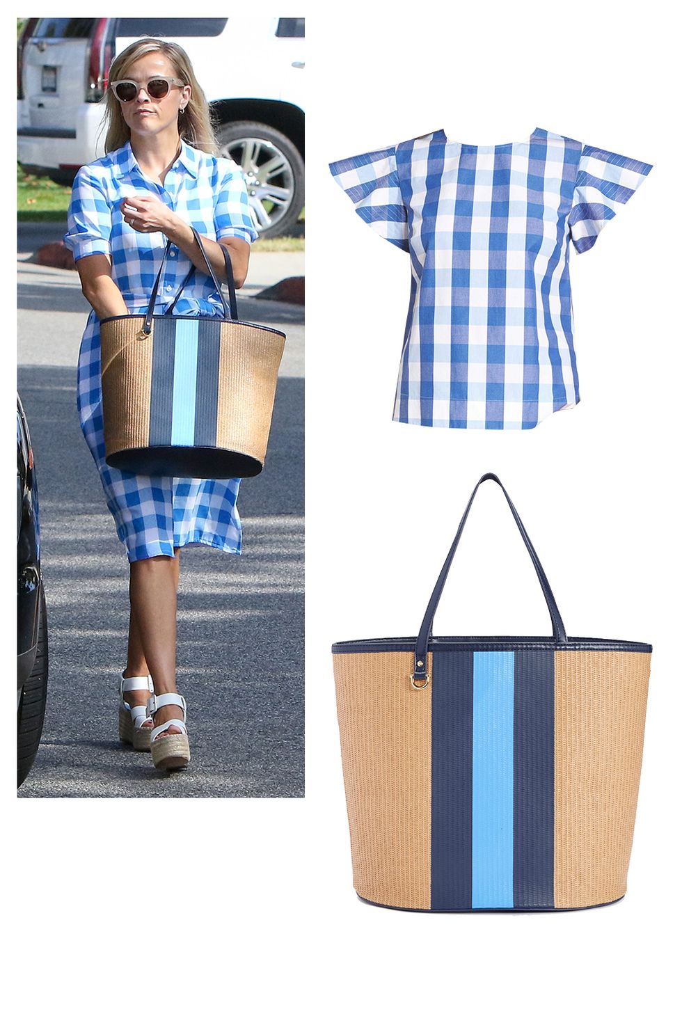 <p>Draper James Cloister Gingham Cotton Top, $150;&nbsp;<a href="http://shop.nordstrom.com/s/draper-james-cloister-gingham-cotton-top-nordstrom-exclusive/4636461?origin=category-personalizedsort&amp;fashioncolor=BLUE%20PARTON%20CHECK" target="_blank" data-tracking-id="recirc-text-link">nordstrom.com</a></p><p>Draper James Stripe Straw Tote, $165;&nbsp;<a href="https://www.draperjames.com/stripe-straw-tote" target="_blank" data-tracking-id="recirc-text-link">draperjames.com</a></p>