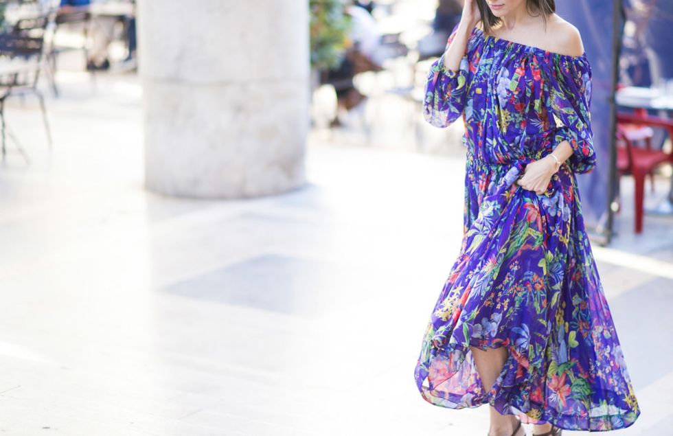 Dress, Purple, One-piece garment, Street fashion, Fashion, Day dress, Fashion model, Pattern, Electric blue, Fashion design, 