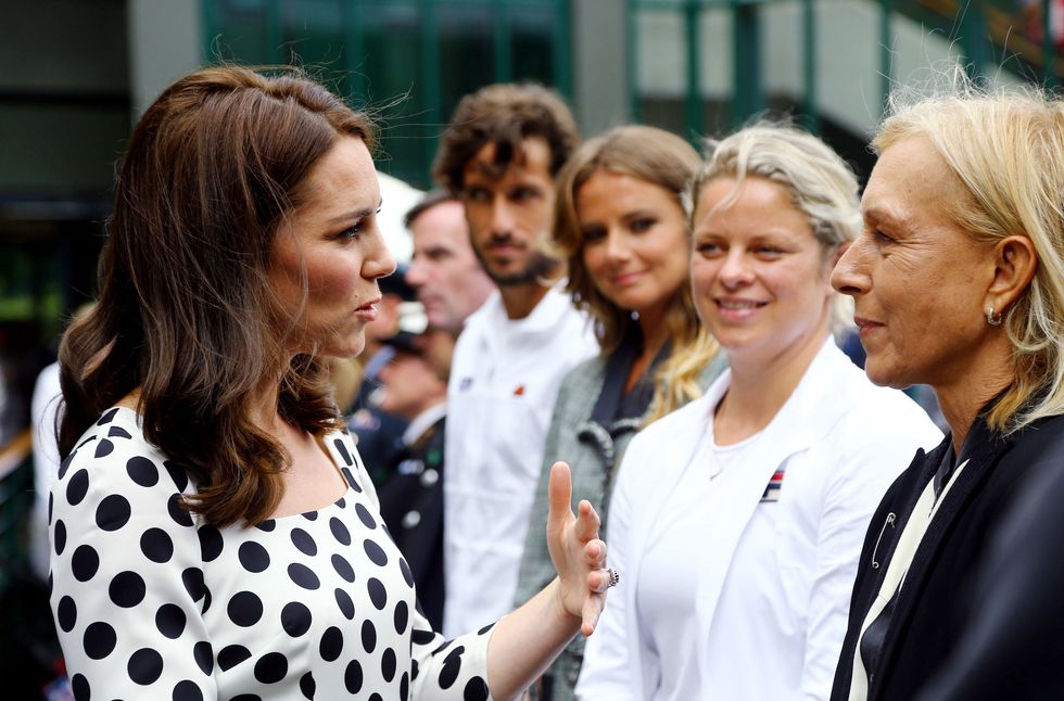 LONDON, UNITED KINGDOM - JULY 3:  Catherine, Duchess of Cambridge speaks with ex tennis players Kim Clijsters (second from right) and Martina Navratilova (right) on day one of the Wimbledon Championships at The All England Lawn Tennis and Croquet Club, in Wimbledon on July 3, 2017 in London, England.  (Photo by Gareth Fuller - WPA Pool/Getty Images)