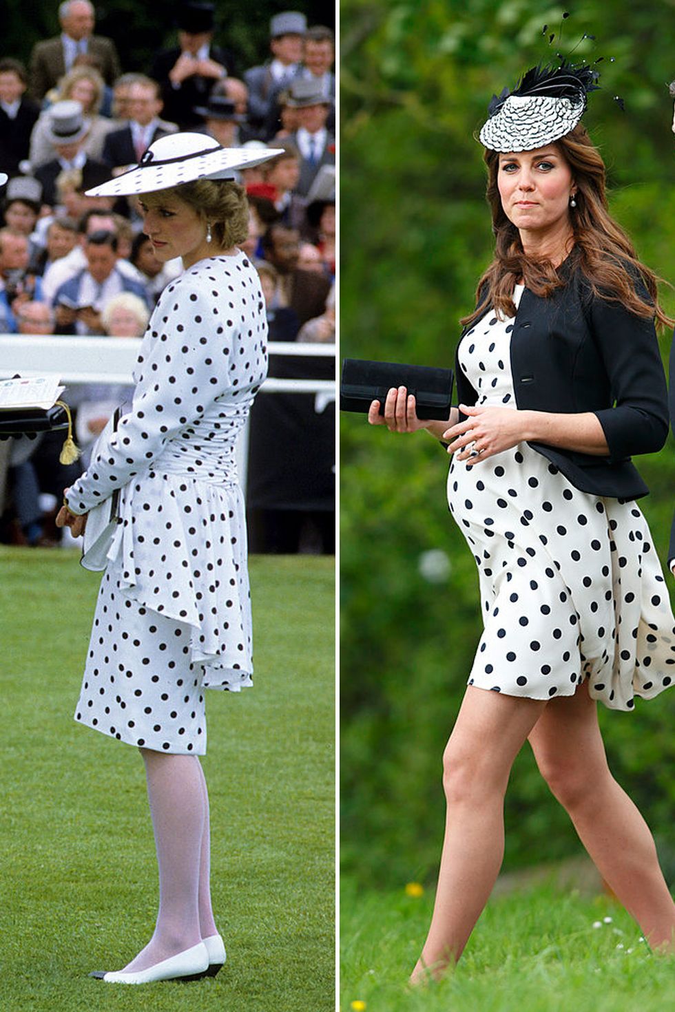 <p>Princess Diana accessorized a Victor Edelstein peplum dress with a polka dot hat at the Epsom Derby in 1986; Kate finished her polka dot maternity look from <a href="http://us.topshop.com/?geoip=home" target="_blank" data-tracking-id="recirc-text-link">Topshop</a> with a hat at wedding near Oxford, England in&nbsp;2013.</p>