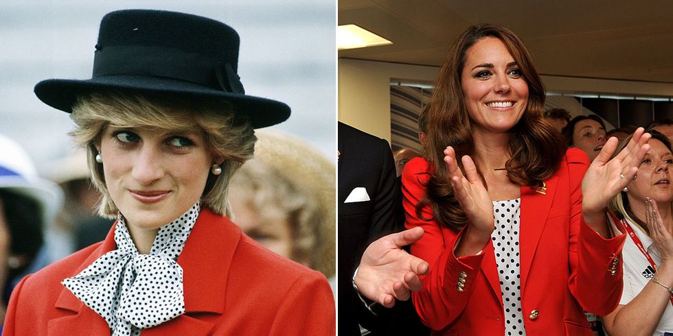 <p>The Princess of Wales paired a<a href="https://www.etsy.com/listing/512087346/bright-yellow-polka-dot-pussybow-tie" target="_blank" data-tracking-id="recirc-text-link">pussy-bow blouse</a> in a polka dot print with a red blazer while on a tour of Canada in 1983; The Duchess of Cambridge wore a nearly identical red blazer from Zara over a <a href="https://www.macys.com/shop/product/maison-jules-polka-dot-ruffle-neck-top-only-at-macys" target="_blank" data-tracking-id="recirc-text-link">black and white blouse</a> at the London Olympics in 2012.</p>