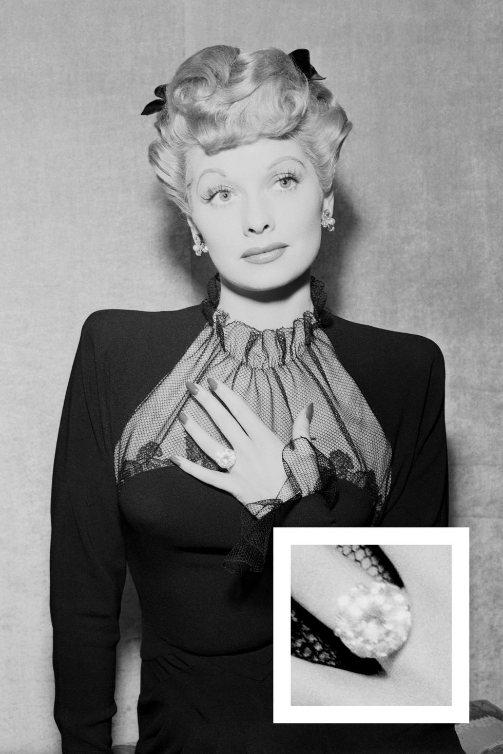 <p>Ball received a brass ring from Desi Arnaz when they eloped, but he later upgraded the actress's engagement ring to a large cushion-cut diamond and platinum ring.</p>