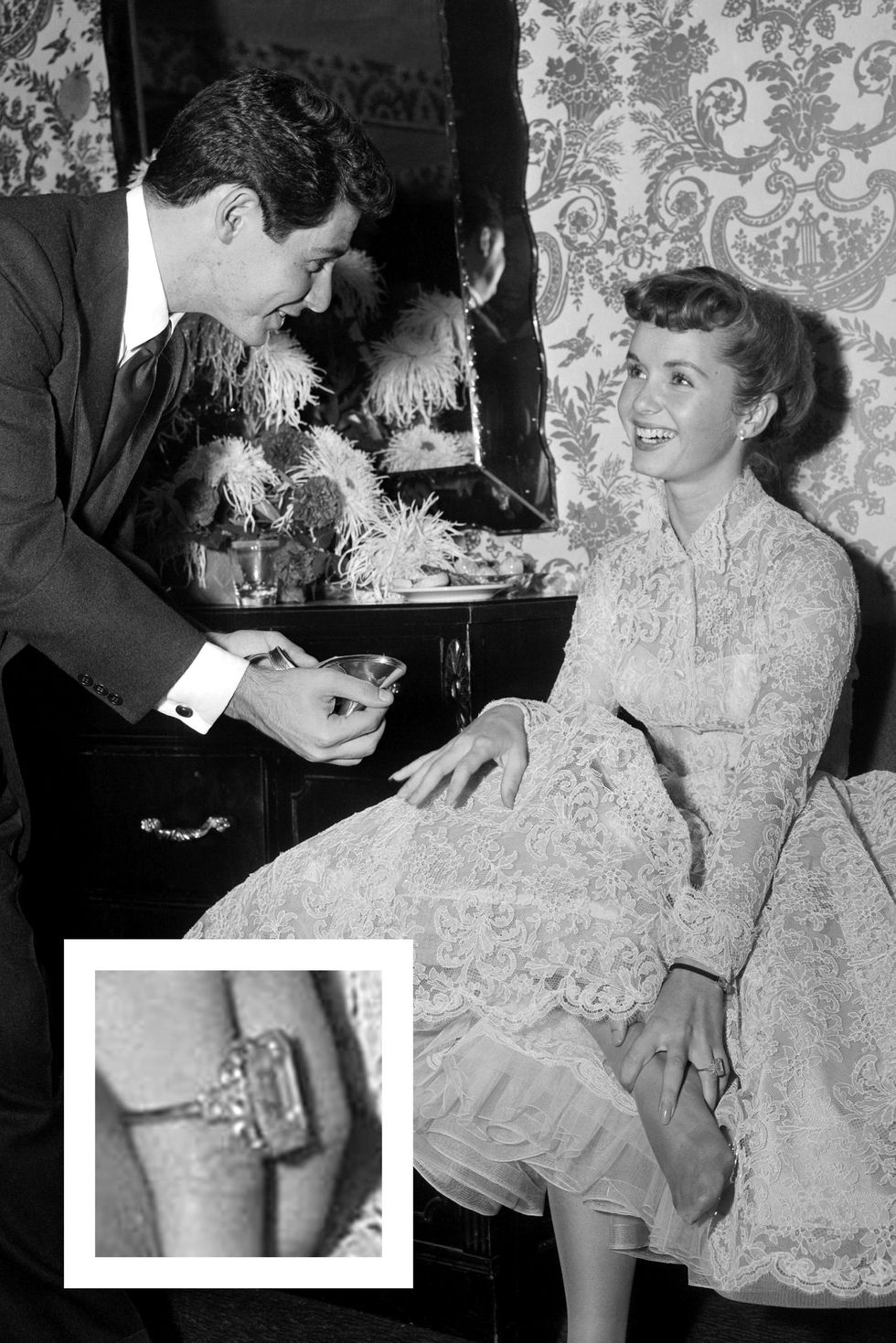 <p>Eddie Fisher proposed with a square-cut diamond.</p>
