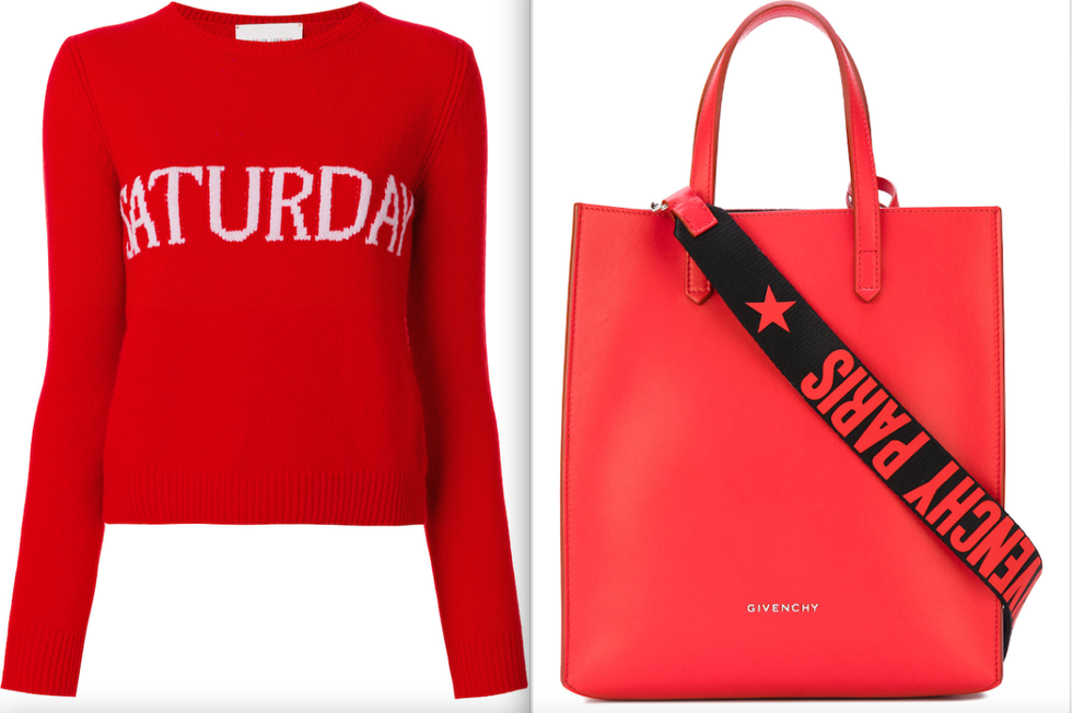 Bag, Red, Handbag, Clothing, Product, Font, Sleeve, Fashion accessory, Material property, Tote bag, 