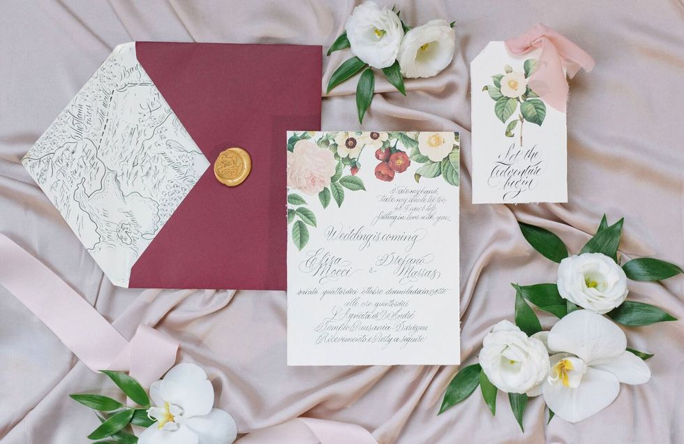 Pink, Wedding invitation, Paper, Flower, Invitation, Plant, Floral design, Textile, Paper product, Wedding favors, 