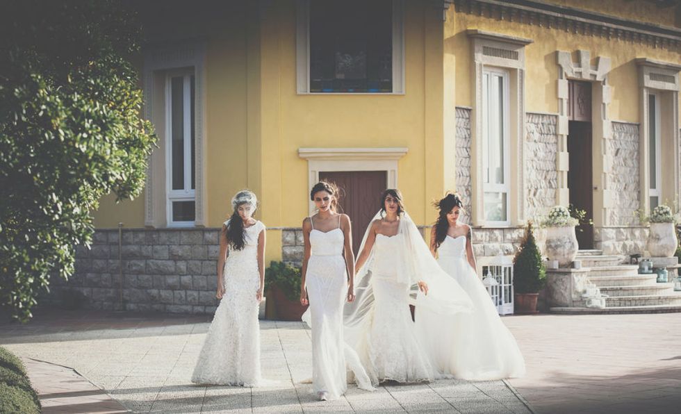 Photograph, Bride, Gown, Wedding dress, Dress, Ceremony, Bridal clothing, Wedding, Yellow, Veil, 