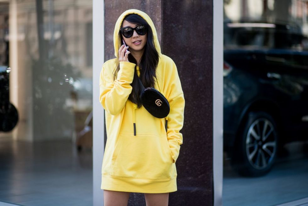 Yellow, Clothing, Street fashion, Black, Fashion, Outerwear, Eyewear, Snapshot, Pink, Sunglasses, 