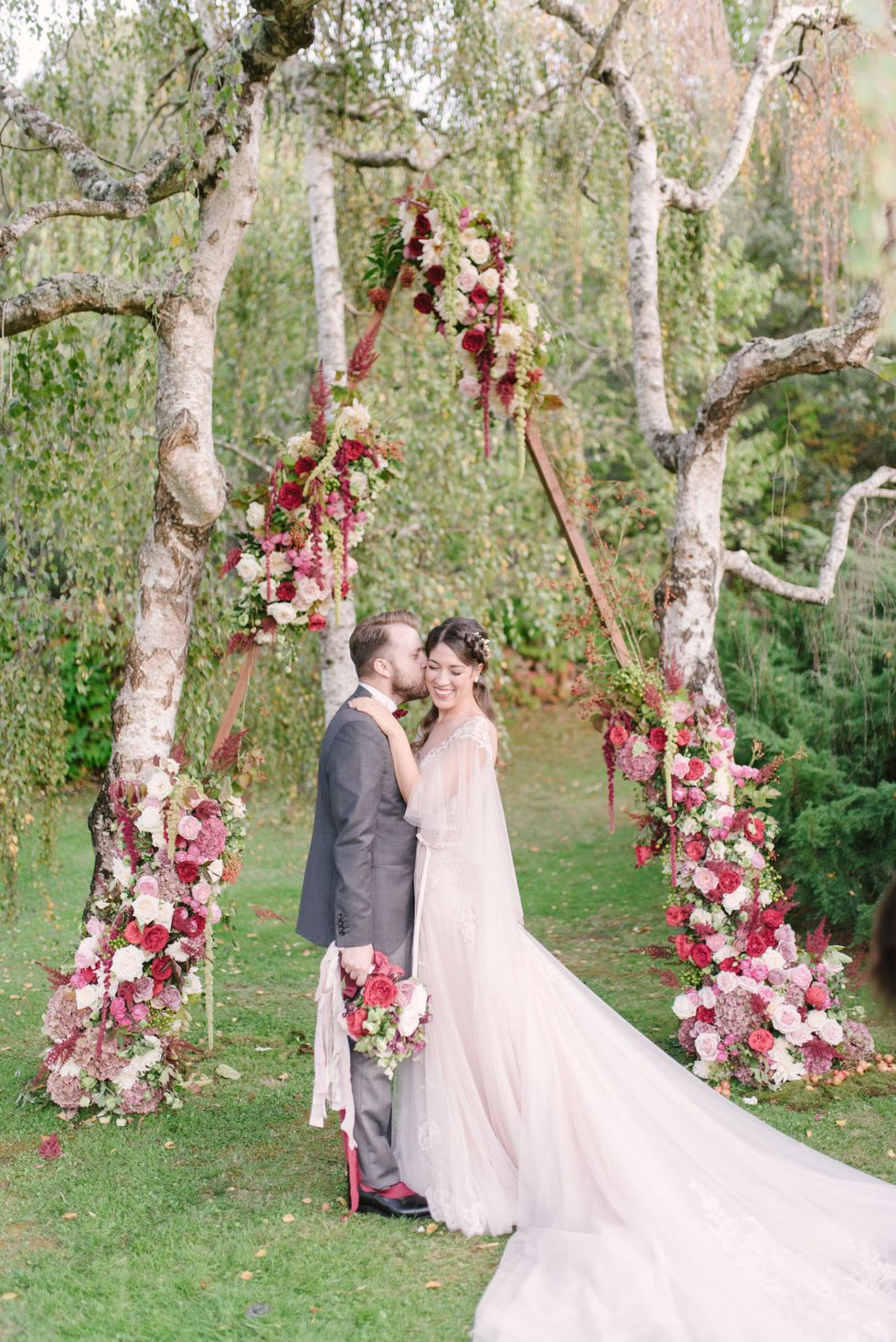 Bride, Photograph, Wedding dress, Dress, Veil, Ceremony, Pink, Gown, Bridal clothing, Tree, 