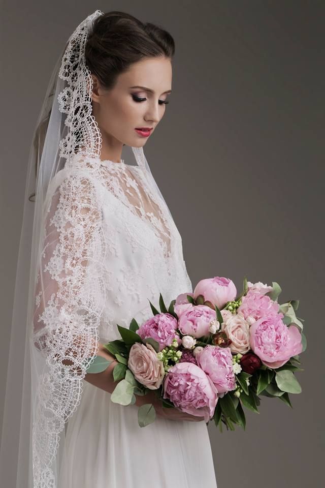 Wedding dress, Bride, Gown, Dress, Veil, Pink, Clothing, Bouquet, Bridal accessory, Bridal clothing, 