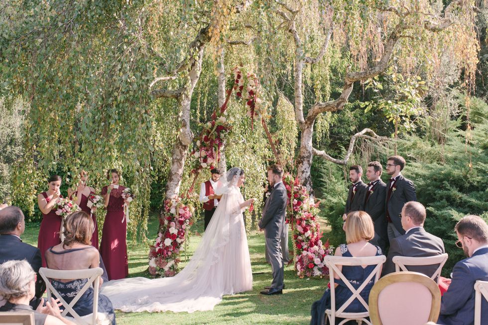 Photograph, Ceremony, Tree, Event, Bride, Wedding, Dress, Woodland, Wedding dress, Spring, 