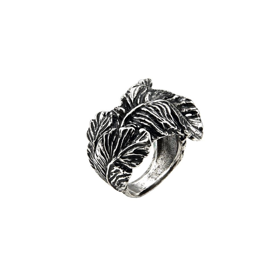 Leaf, Feather, Fashion accessory, Silver, Jewellery, Metal, Plant, Ring, Vascular plant, Black-and-white, 