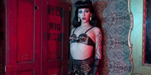 Red, Fashion, Agent provocateur, Fetish model, Lingerie, Black hair, Goth subculture, Model, Photo shoot, Tattoo, 