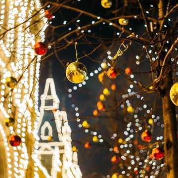 Tree, Yellow, Christmas lights, Lighting, Branch, Christmas, Christmas ornament, Plant, Christmas decoration, Night, 