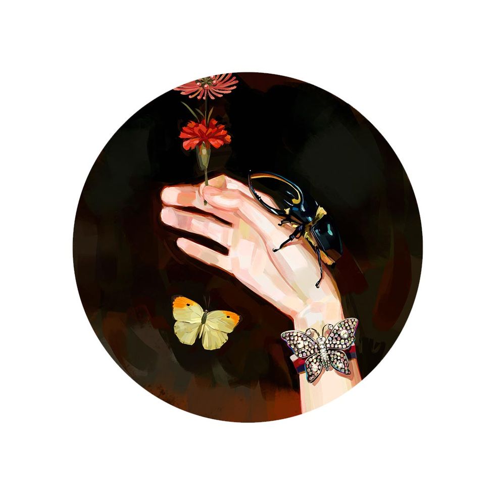 Hand, Finger, Flower, Black hair, Nail, Photography, Plant, Circle, Fashion accessory, Gesture, 