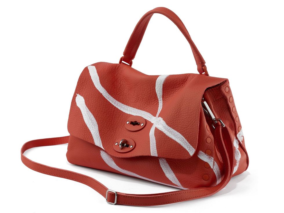 Handbag, Bag, Fashion accessory, Shoulder bag, Red, Brown, Orange, Leather, Material property, Font, 