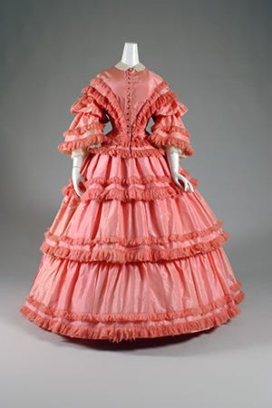 Clothing, Dress, Pink, Ruffle, Day dress, Peach, Fashion, Gown, Textile, Cocktail dress, 