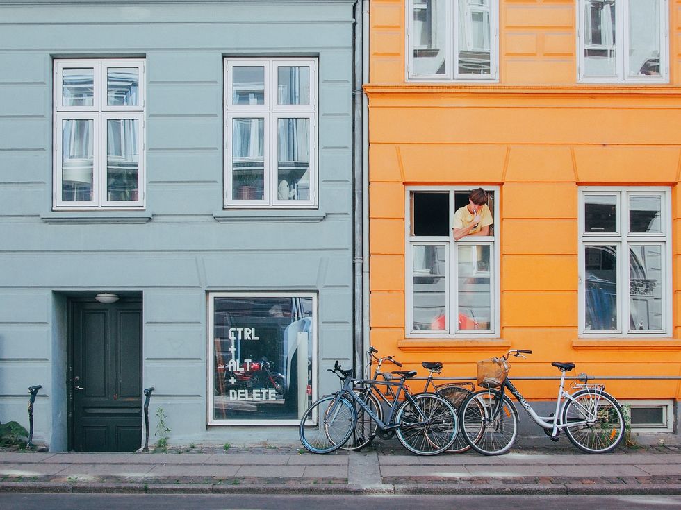 Bicycle, Yellow, Orange, Facade, Wall, House, Architecture, Neighbourhood, Town, Vehicle, 