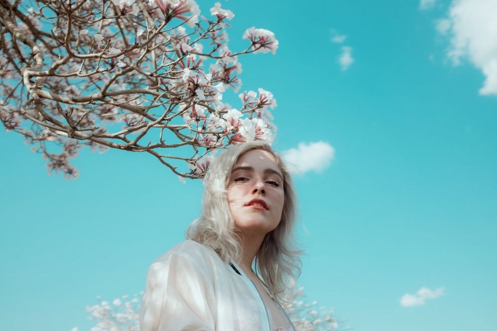 Blue, People in nature, Hair, Photograph, Pink, Spring, Sky, Blossom, Turquoise, Beauty, 