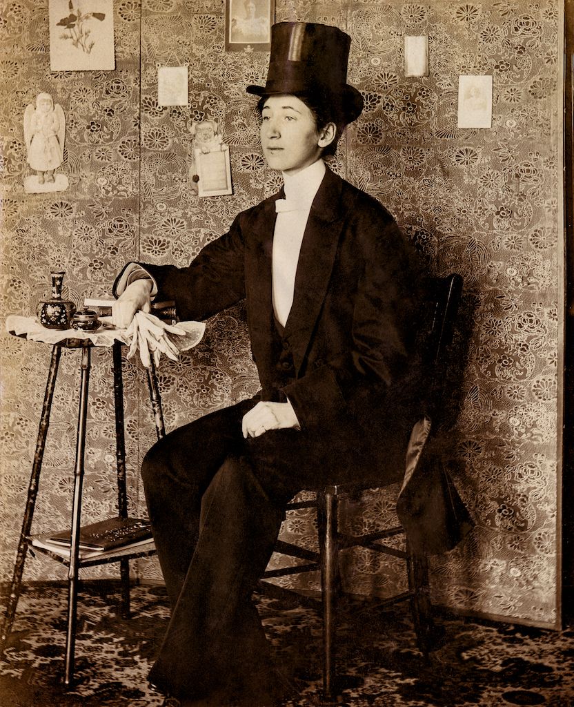 Woman in tuxedo. Albumen print, England, circa 1890 © Sebastian Lifshitz Collection, Courtesy of Sebastian Lifshitz and The Photographers' Gallery