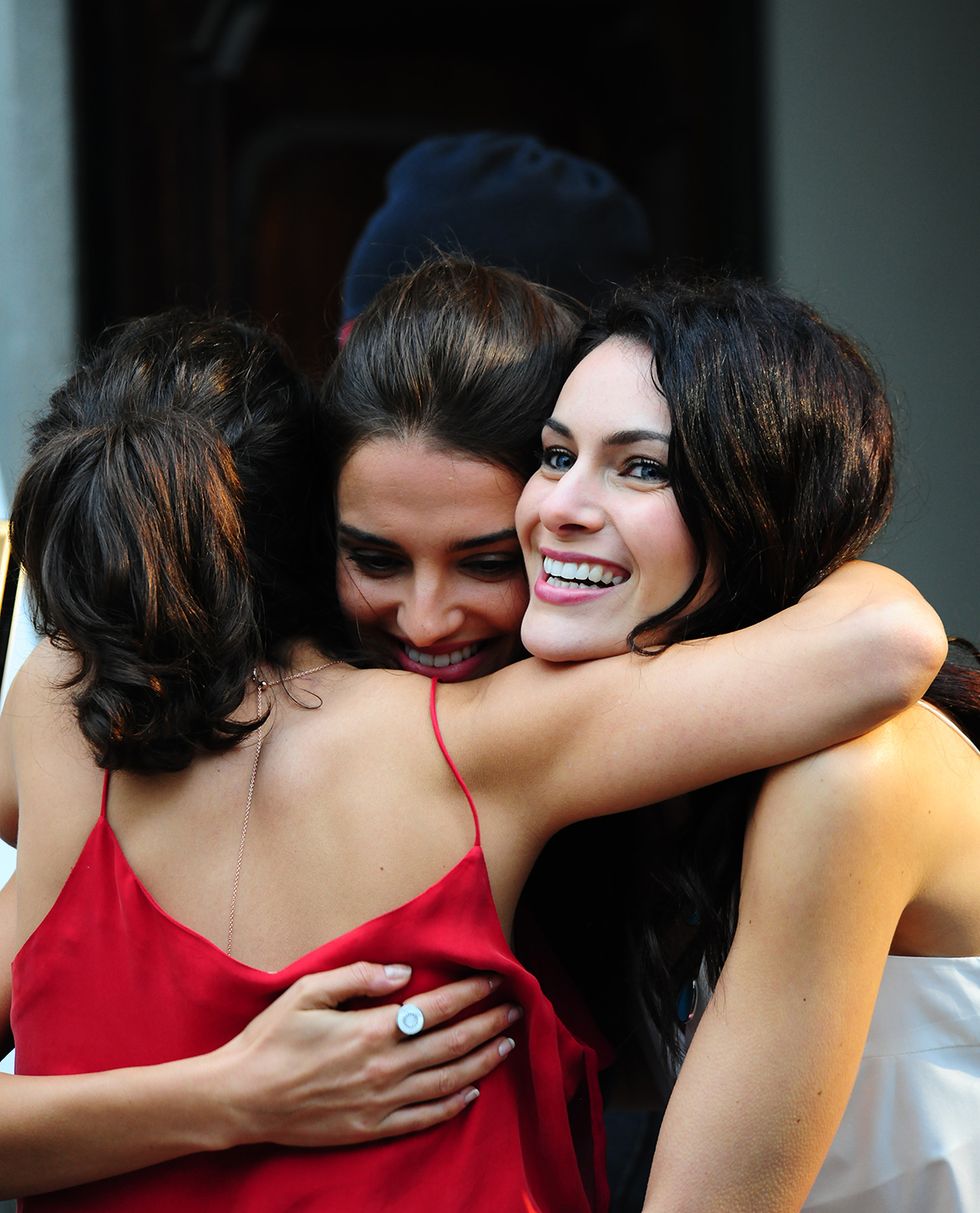 Red, Beauty, Interaction, Hug, Fashion, Shoulder, Friendship, Lip, Dress, Smile, 