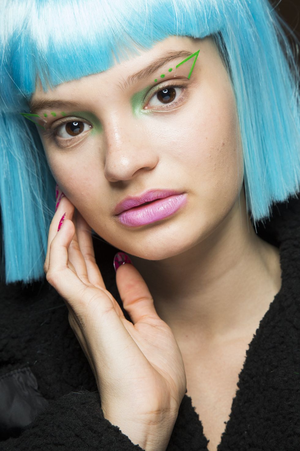 Hair, Face, Blue, Eyebrow, Hair coloring, Lip, Hairstyle, Pink, Beauty, Turquoise, 