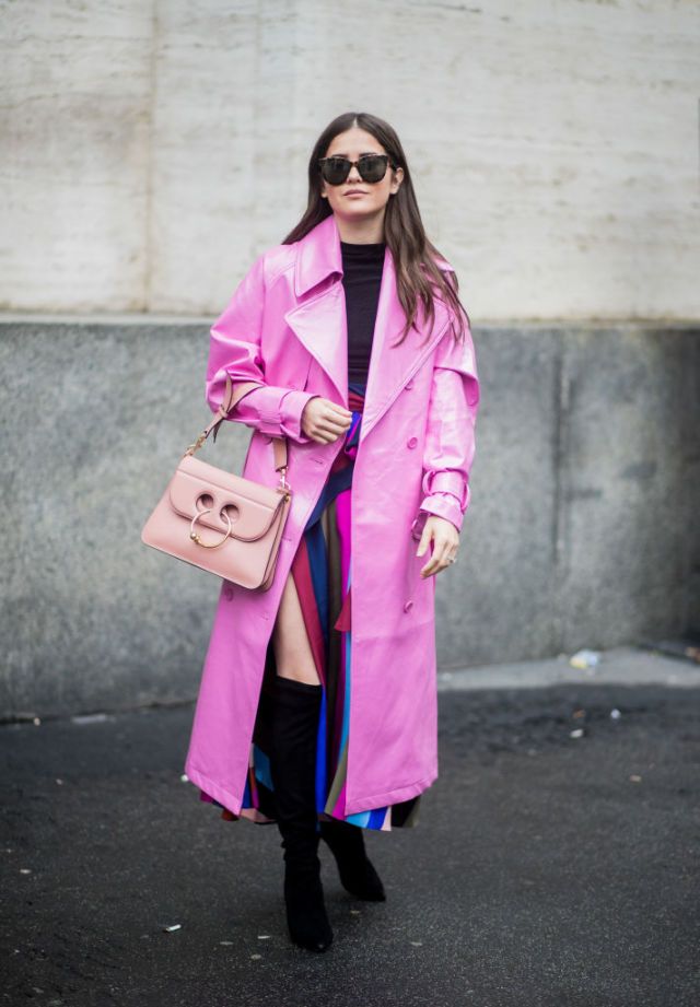 Clothing, Pink, Street fashion, Trench coat, Coat, Fashion, Magenta, Outerwear, Overcoat, Footwear, 